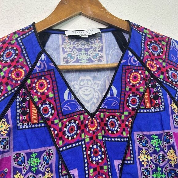 Hunter Bell Top Womens Linen Patchwork Print Boho Peplum Blouse Artsy Size M - Picture 6 of 14